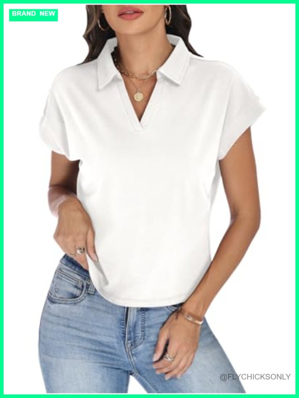Women's Crop Top Collared V Neck Cap Sleeve Polo Shirt